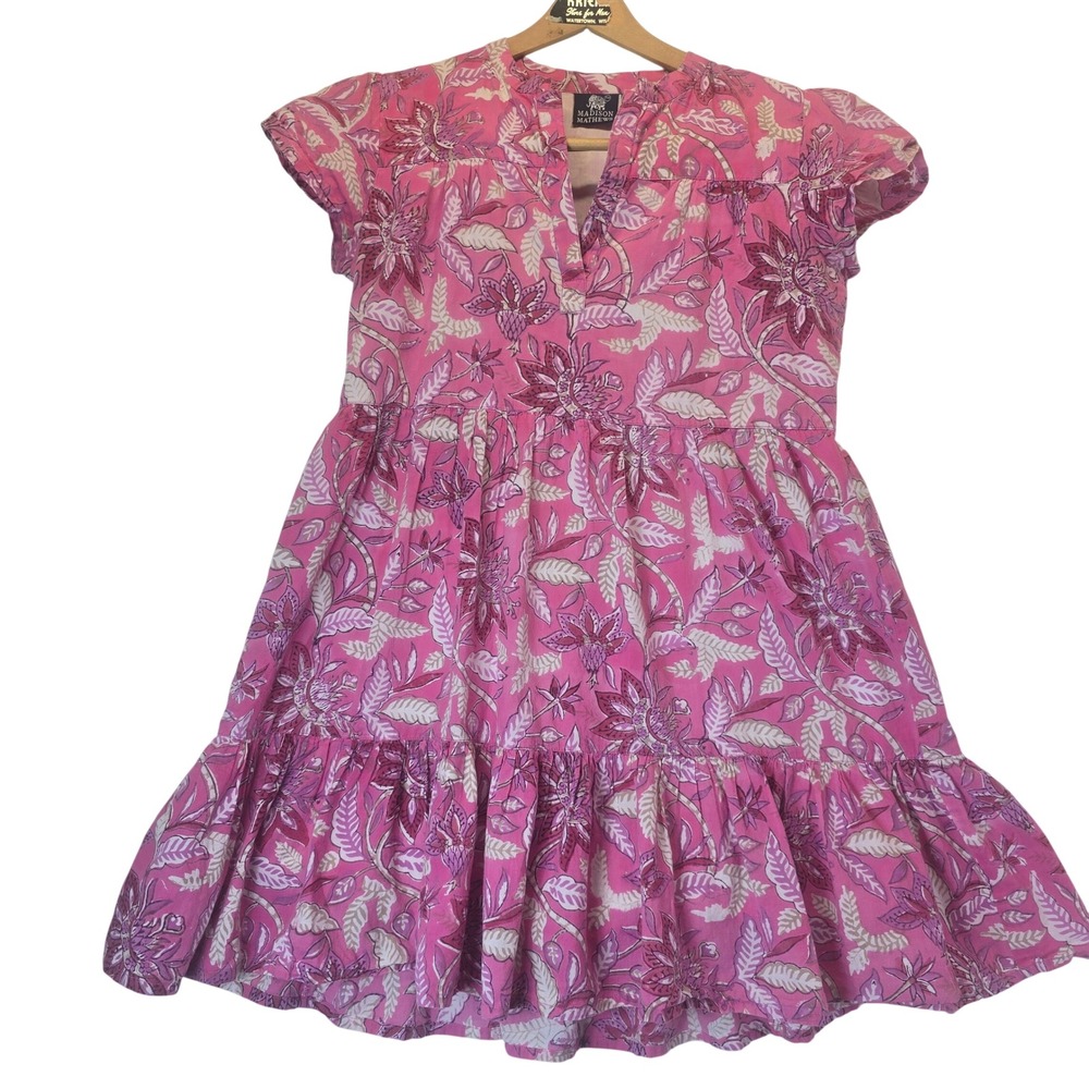 Madison Mathews Cotton Tiered Mini Dress Pink Boho Cottage Womens Small